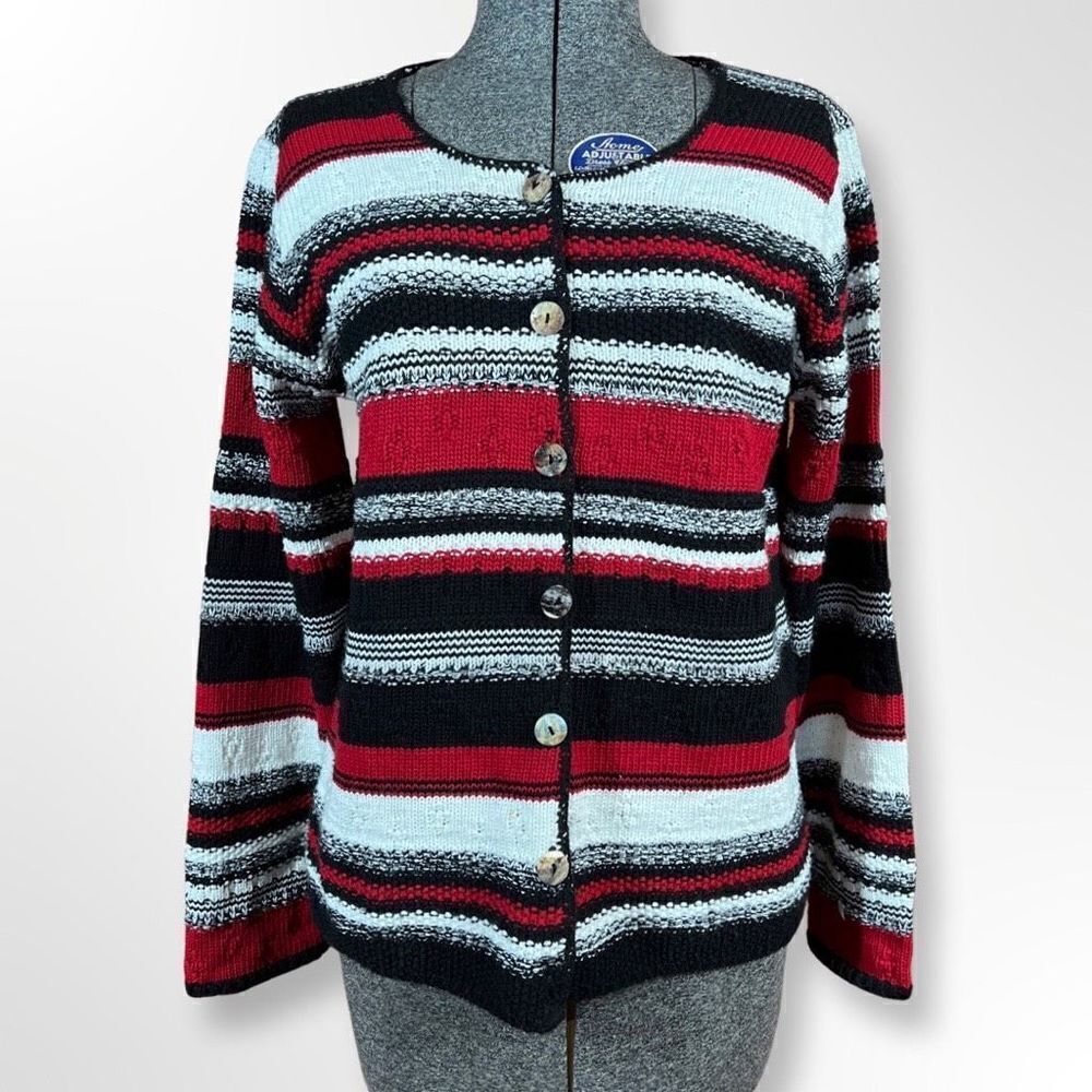Vintage Reba Rose Made in New York Black White and Red Striped Knitted Cardigan